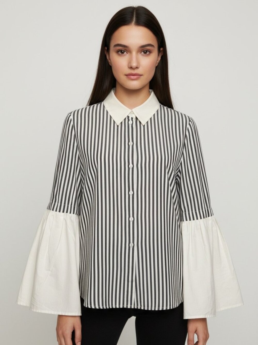 Walter Baker Black White Striped Button Down Bell Sleeve Shirt Top Size M